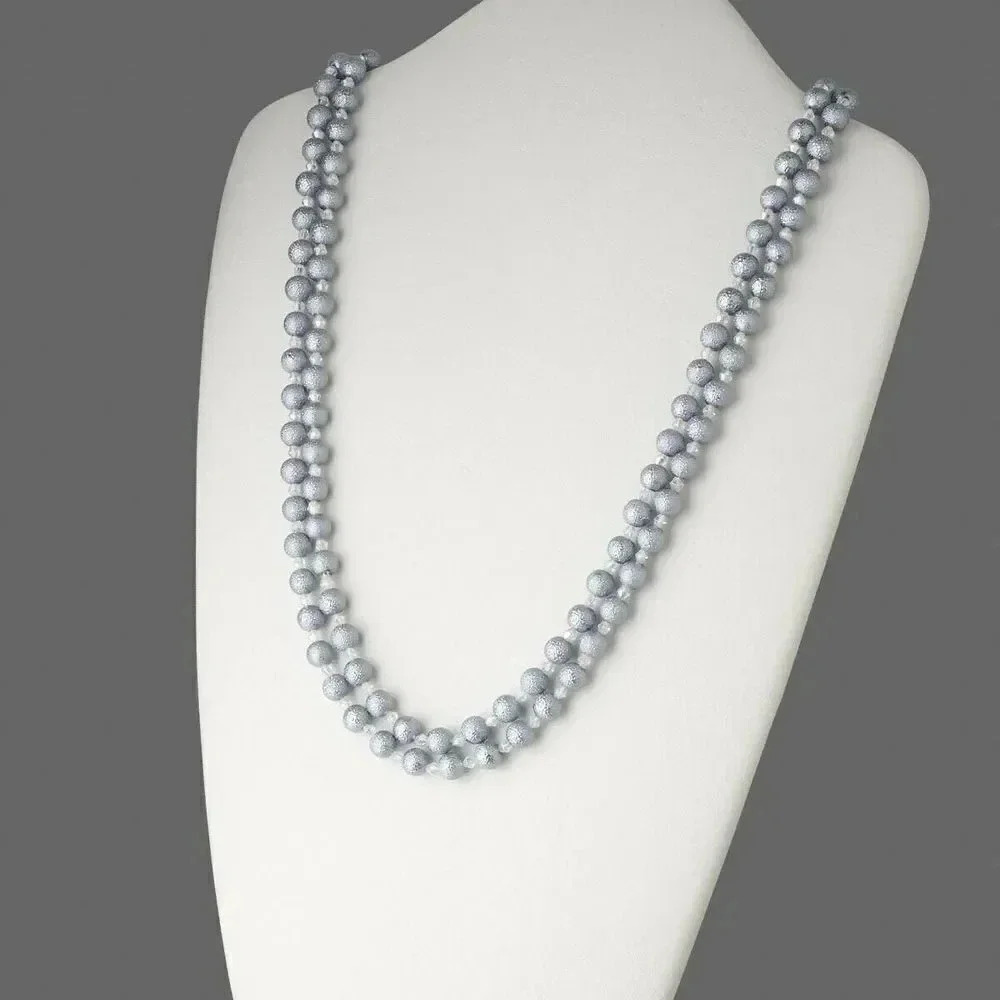 Grey & Aqua Opera Length Textured Glass Pearl Necklace